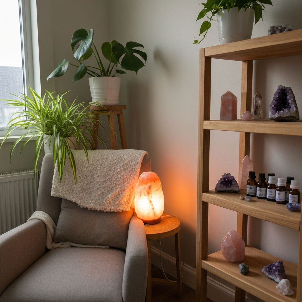 Healing room with warm lighting and crystals