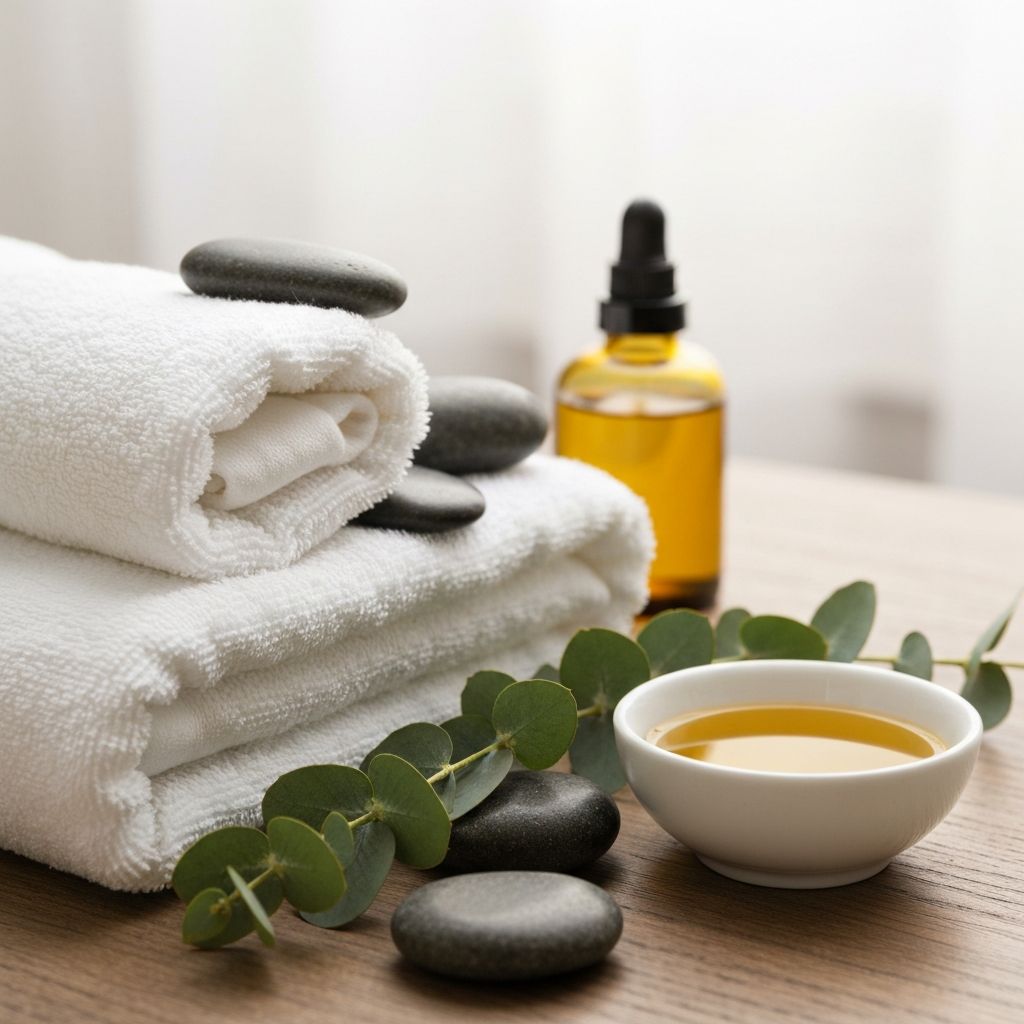Massage setup with towels and essential oils