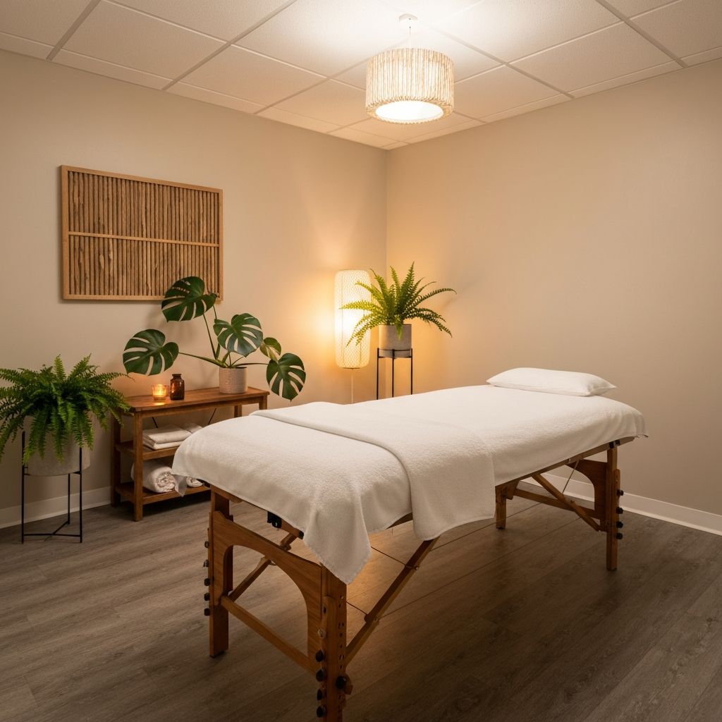 Treatment room with plants and soft linens